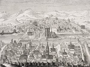 Facsímil de una placa de cobre con vista en perspectiva de París en 1607